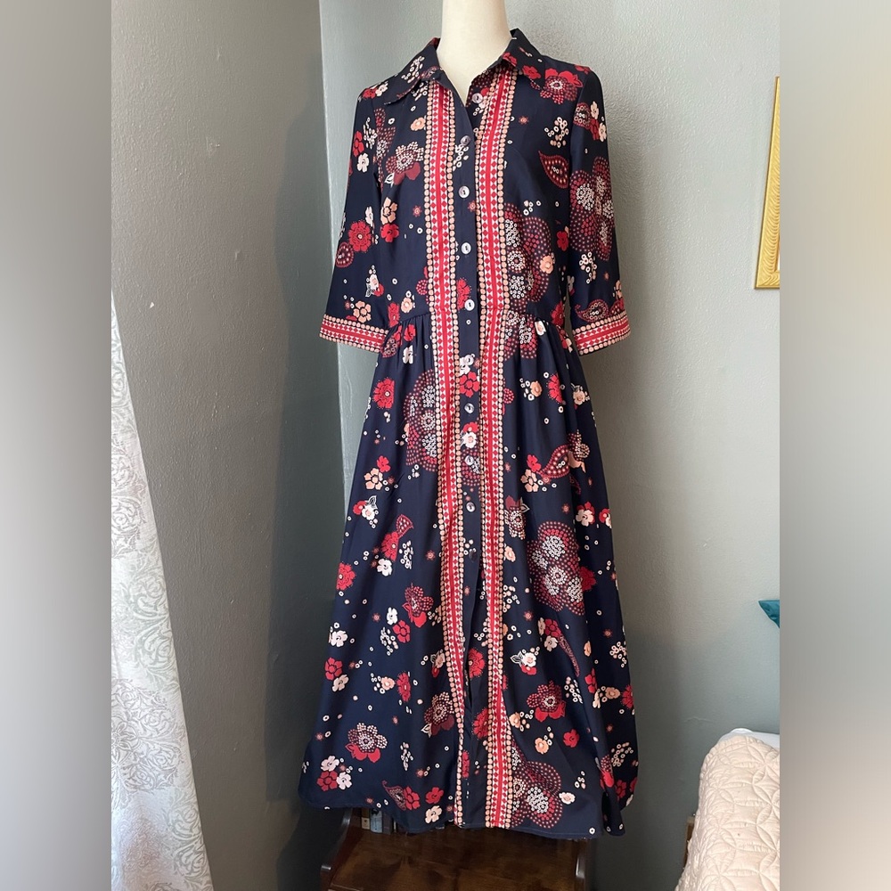 eshakti Navy Blue Floral Midi Dress with Red and White Prints - Picture 4 of 10